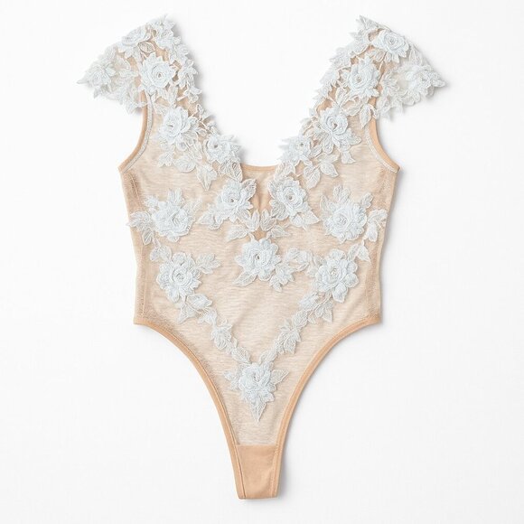 Victoria’s Secret Sheer Mesh Lace Bodysuit Nude White Floral Appliqué Size S - Picture 1 of 13